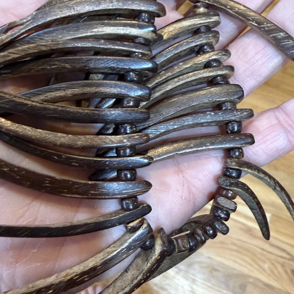 Tribal Dark Brown Wood Spike Fringe Bib Statement Necklace 24 Inch Screw Clasp - Picture 6 of 6